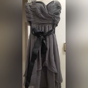 Elegant Gray Strapless Dress With Black Bow